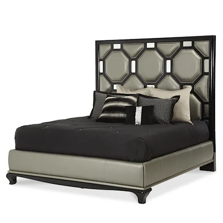 California King Upholstered Bed with Mirrored Glass Accents